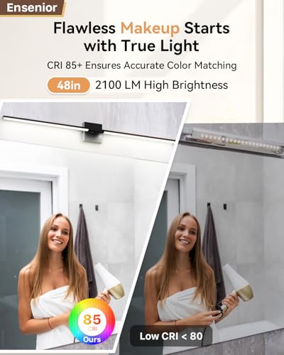 Image of Ensenior Modern Bathroom Vanity Light 48 inch, Built-in Dimmer, 28W Dimmable 5CCT Led Bath Lights, Black Bar Vanity Lights for Bathroom Mirror Cabinets Bedroom-FCC & ETL Certificated