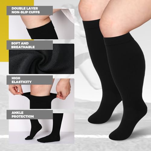 Suhine 10 Pairs 5XL Plus Size Compression Socks Wide Calf Support Socks for Women 20-30 mmHg Compression Stockings for Women Men, Black4
