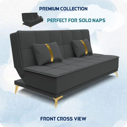 Image of Adorn India Premium New Alyssum 3 Seater Sofa Cum Bed 4X6 Velvet Suede with 2 Cushions (Color Dark Grey) and Suitable for All Indoor, with 3 Years Warranty
