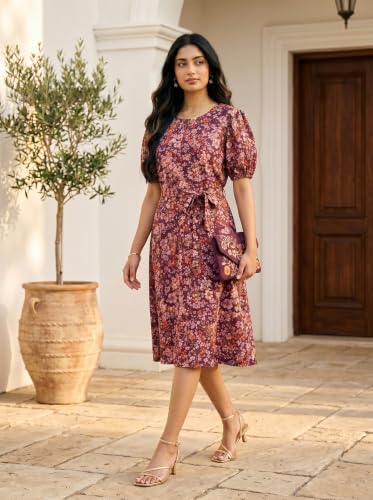Image of HELLCAT Women Floral Fit & Flare Midi Dress | Round Neck, Puff Short Sleeve, Waist Tie-Up Belt | Casual Brunch Wear, Western One Piece, A-Line Long Frock, Summer Party Outfit