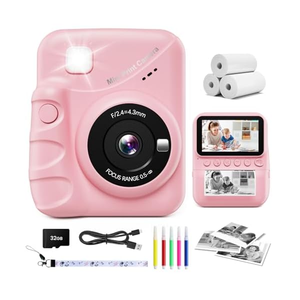 Kids Camera Instant Print, 3.0” Screen 48MP Photo Instant Camera for Kids with 32GB Card, 1080P HD Digital Child Printable Camera, Gift for 3-12 Year Old Girls Boys (Pink)