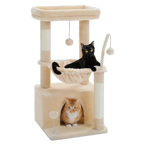 PAWZ Road Kleiner Katzenbaum für Indoor-Katzen mit Hängematte, Katzenturm mit Sisal-überzogenem Kratzbaum, großer oberer Sitzstange,...