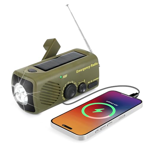 Radio solar de emergencia URPRO, radio portátil de manivela con AM/FM, batería externa recargable 3000mAh, alarma SOS, linterna LED, cargador USB para teléfono móvil, para camping y senderismo