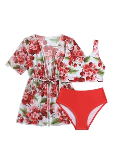 Image of WDIRARA Girl's 3 Pieces Swimsuits Boho Floral Print Bikini Set Beach Bathing Suit with Cover Up