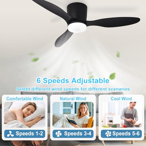 Image of Depuley Flush Mount Ceiling Fan: 42-Inch Black Ceiling Fans with Lights for Bedroom Indoor Outdoor - Low Profile Ceiling Fans with Remote Control 24W 3CCT Dimmable 3 Reversible Black Blades 6 Speeds
