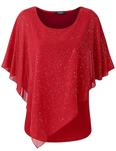Lotusmile Blouses for Women Dressy Casual: Fall Outfits - Red Sparkly Chiffon Cape Blouse - Dressy Glitter Top Overlay Elegant Shirt for Wedding Guest, Holiday Party, or Special Occasion Outfits