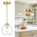 JAZAVA Modern Polished Gold Pendant Light, 7Inch Mid Cenrury Globe Hanging Light Fixture with Clear Glass for Kitchen Island Dining Room Bedroom Hallway Foyer (1 Pack), PL101BG