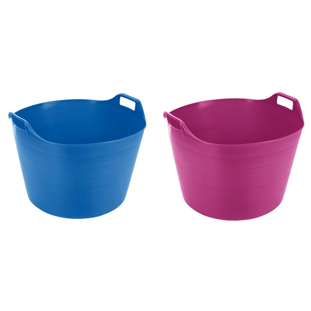 (Set of 2) 75L Litre Large Flexi Tub Rubber Storage Container Food Grade Plastic Heavy Duty Polyethylene Flex Tub | Garden Trug Compost Animal Feeding Bucket - Made in UK. (Sky Blue, Pink)