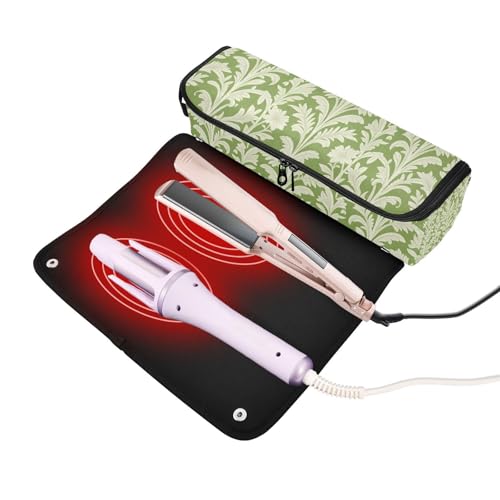 Bolsa de viaje para herramientas de cabello con tapete para plancha y organizador portátil para rizador, plancha, secador y accesorios, blanco con hojas y pájaros verdes miniatura 2