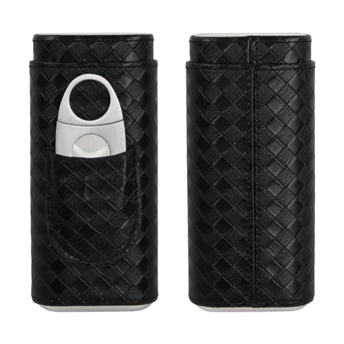 Estuche para Puros, Humidores de Cuero de Puros, Caja para puros Humidificador Piel Cocodrilo Portátil, Caja de 3 Tubos con Cortador de cigarros de Acero Inoxidable (Negro)