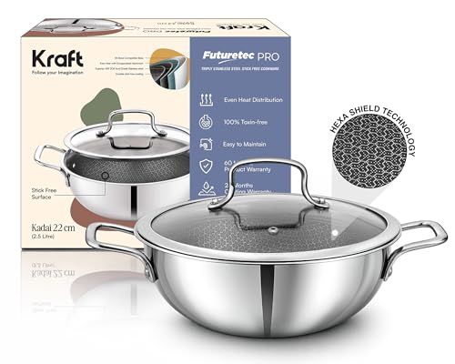Image of Kraft Futuretec Pro Triply Honeycomb Kadai with Glass Lid - 2.5 litres, 22 cm | Stainless Steel Kadai for Cooking | Stick-Resistant Hexa Design | Metal Spatula Safe | Induction & Gas Compatible