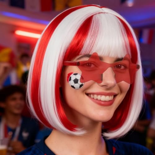 Image of ANOGOL Hair Cap + (Sunglasses) Red White Bob Wig with Bangs Womens Red White Party Wigs with Sunglasses Short Neon Wig Fun Wigs Halloween Costume Bachelorette Hair Sports Event Christmas