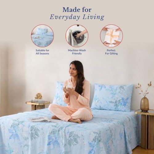 Image of Jaipur Weaves Double Bed Cotton Bedsheet Queen Size 90x100, 100% Pure Cotton Bed Sheet with 2 Pillow Covers, 240 TC Soft Breathable Floral Design - (Aqua Floral, Queen)