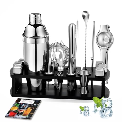 Necomi Cocktail Shaker Set with Stand 23-Piece Bar Tool Set with Cocktail Recipes Booklet Stainless Steel Bartender Kit Drink Mixer Professional Bar Tools for Drink Mixing Home Party Gift Idea(Silver)