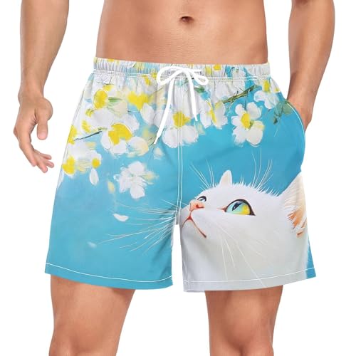 Fall Cat Yellow Florals Mens Swim Trunks with Liner, Cool Quick Dry Beach Swim Shorts, Swimwear Bathing Suits S