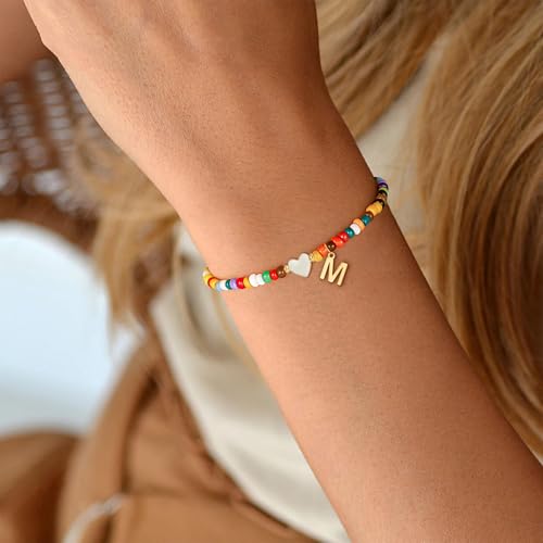 Colorful Initial Bracelets for Women Girls - Cute Beaded Heart Initial Bracelet Teen Girl Gifts Trendy Stuff, Bohemian Gold Charm Bracelet Personalized Gifts for Women Girls Jewelry3