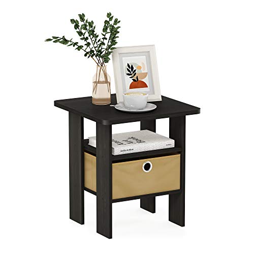 Furinno ANDREY Side Table, End Table, Night Stand with Open Shelves and Storage Bin, Bedside Table, for Living Room, Bedroom, Espresso