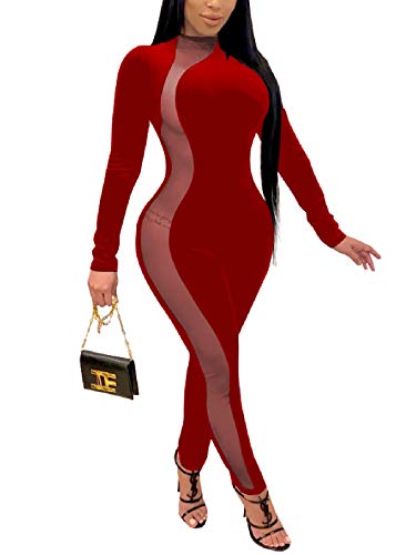 Ekaliy Sexy Velvet Jumpsuits for Women Sheer Mesh Bodycon Jumpsuit Long Sleeve Party Club Romper See Through Sheer Mesh Bodycon One Piece Velvet Playsuit Red Sheer Outfits L