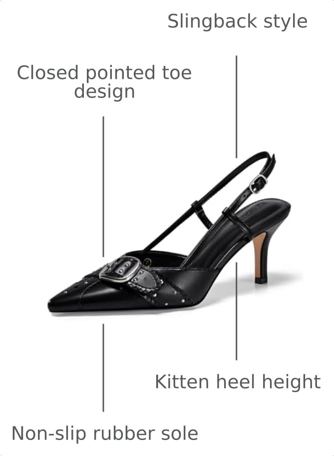 Image of Coutgo Womens Slingback Kitten Heels Studded Closed Pointed Toe Pumps with Buckle Party Dress Shoes