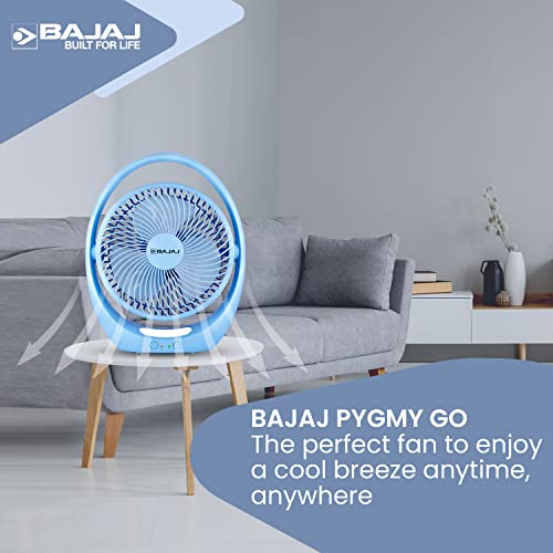 Bajaj Pygmy Go 178MM Mini Fan with LED Lighting | Rechargeable | USB Charging | 4-hours Battery Backup | 3 Speed | 2-Light Brightness Setting | High Speed | Portable【Blue】 view 2