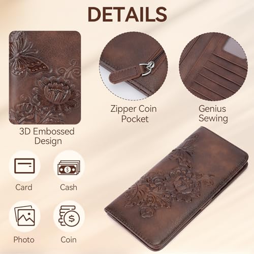 Image of Wallet Women Ultra Slim Thin Rfid 3D Embossed Vegan Leather Womens Wallet Clutch Long Ladies Wallet (04-Mocha)