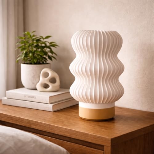 Image of Wavey Mini Table Lamp Modern Wavy Design Bedside Night Lamp, Warm White Glow, 5W Plug-in Decorative Lamp for Bedroom & Home Decor, Plastic, Beige