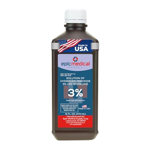 Epic Medical Supply H2O2 Hydrogen Peroxide Solution 3% USP - 16 oz First Aid Antiseptic & Multipurpose Cleaner - Hydrogen Peroxide Mouthwash Topical Wash for Cuts & Scrapes - 16oz (Pack of 1)