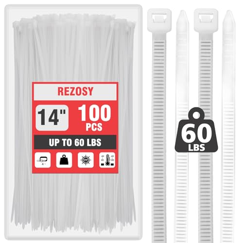 REZOSY White Clear Zip Ties 14 Inch (100 Pack) - 60 lb Heavy Duty UV Resistant Self-Locking Nylon Cable Ties for Outdoor Use