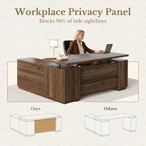 Perledesign Home Office Furniture Set, 70" Standing Desk with 4 Drawer File Cabinet and 73'' Bookcase, Executive Desk with AC/USB, Tall Bookshelf with Drawers, Fluted Style Black Walnut