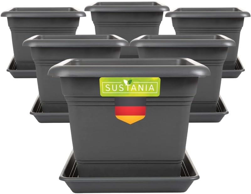 SUSTANIA Elegante set di 4 vasi da fiori grandi 40 cm di diametro – Vaso grande esterno in antracite, con sottovaso, robusto e antigelo, in plastica, per giardino, balcone, terrazza
