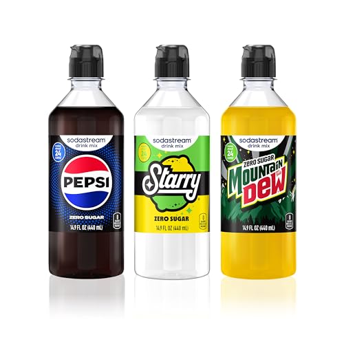 SodaStream Pepsi, Starry & MTN Dew Variety Pack, Zero Sugar, Variety Pack, New Pour Bottle 440ml, (Pack of 3)