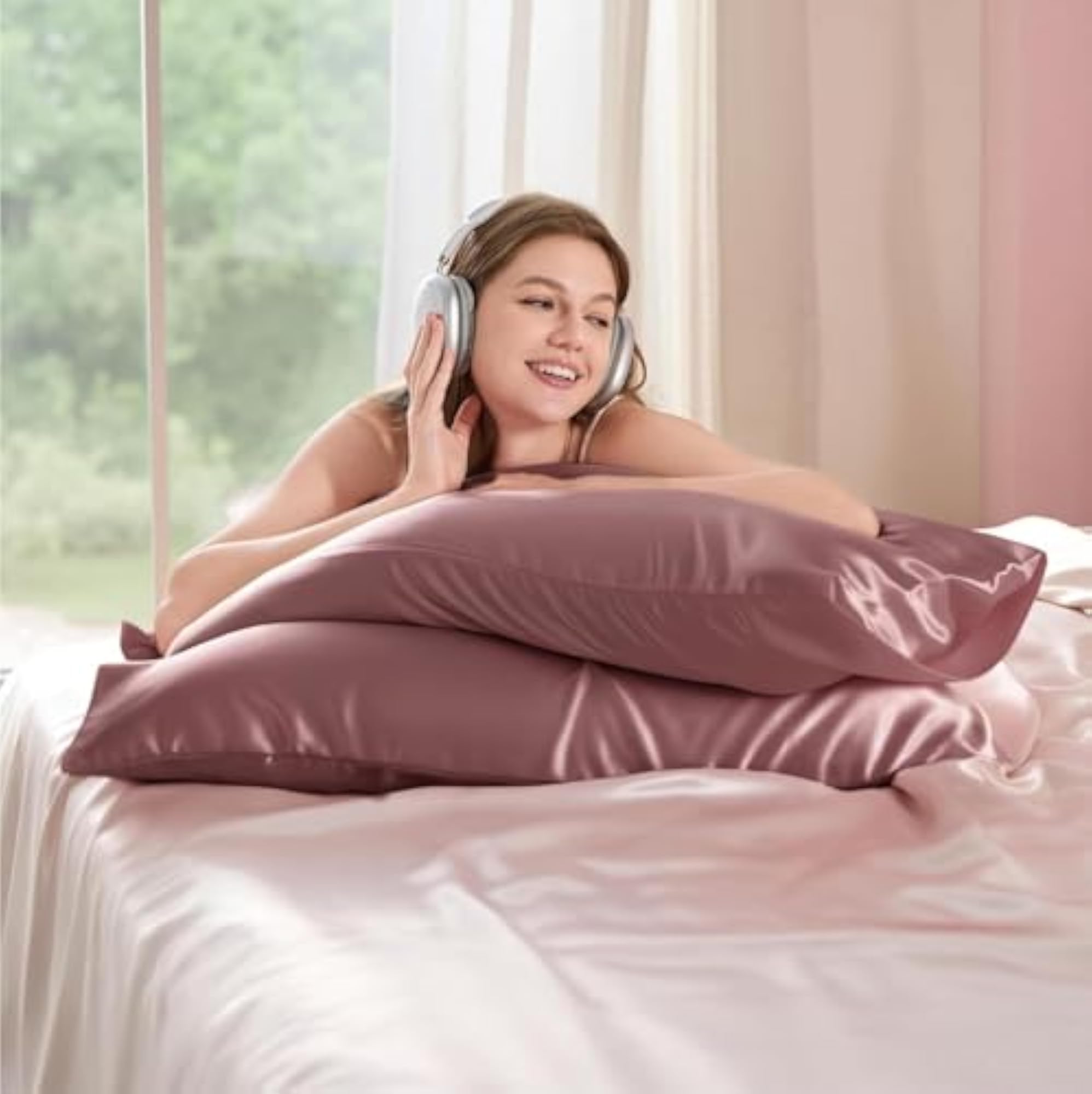 Solid Satin Silk Pillow Cover with Scrunchies for Women