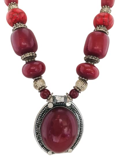 THE OPAL FACTORYAntique Silver Oxidised Tribal Tibetan Semi Precious Stone and Pendant Bohemian Jewellery Necklace for Women and Girls (TOF Tibetan Pendant Maroon Oval)