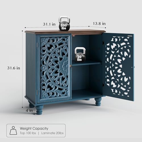 Image of Accent Cabinet with Doors, Decorative Storage Cabinet with Walnut Top and Adjustable Shelf, Carved Sideboard Buffet with Solid Wood Legs for Living Room, Entryway, Kitchen, Hallway, Blue