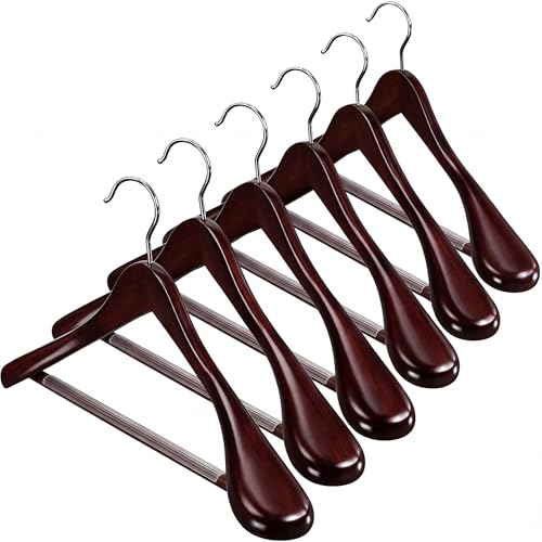 ZOBER 6 Pack High-Grade Wooden Suit Hangers for Men Wide Shoulder Hangers with Non Slip Pants Bar Smooth Finish Holds Upto 20lbs 360 Swivel Hook Jacket Hanger Heavy Duty Wide Hanger for Closet