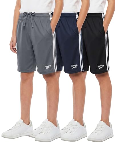 Reebok 3 Pack: Boys Dry Fit Athletic Shorts w/Side Taping - Active Quick Dry Running Basketball Soccer Short for Kids Teens- Set 2 L (12-14)