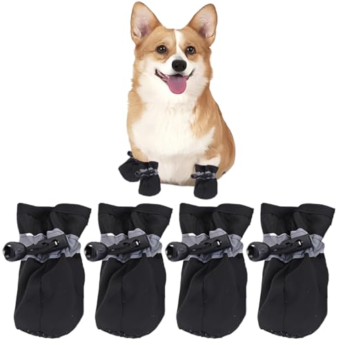 COYUN 4 pcs Stivali per Cana Paw Protector, Calzini Antiscivolo per Cani, Scarpette Antiscivolo Con Cinghie Riflettenti, scarpa per Regolabili, scarpa per protettori delle Zampe per cane, nero