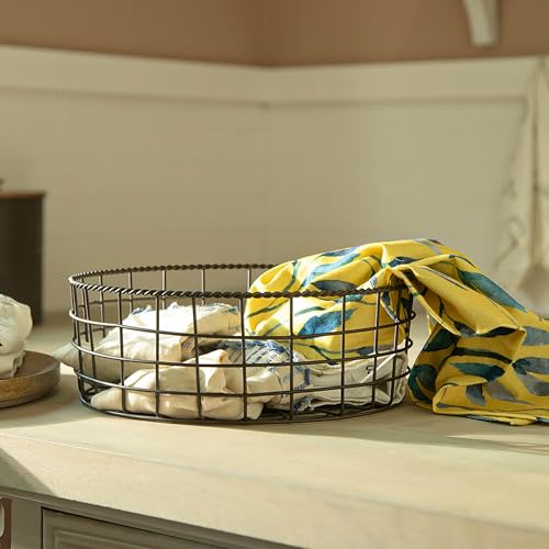 Image of Ellementry Twine Metal Wire Kitchen Vegetable Storage Basket with Wooden Lid, Fruit Basket for Pantry, Countertop Multi-Functional Fruit & Vegetable Organizer for Home & Kitchen Decor