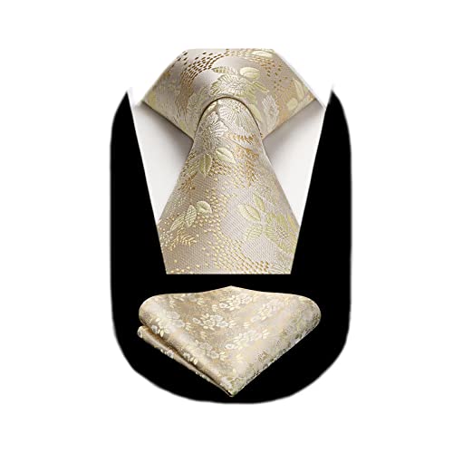 Image of HISDERN Men Floral Ties Woven Classic 3.4 inch Necktie Set Formal Tie Pocket Square for Wedding with Handkerchief Gift Box