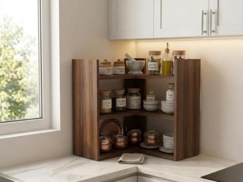 Image of Multipurpose 3 Tier L Shaped Wooden Storage Rack For Kitchen, Living Room and Utility Storage, Espresso Walnut