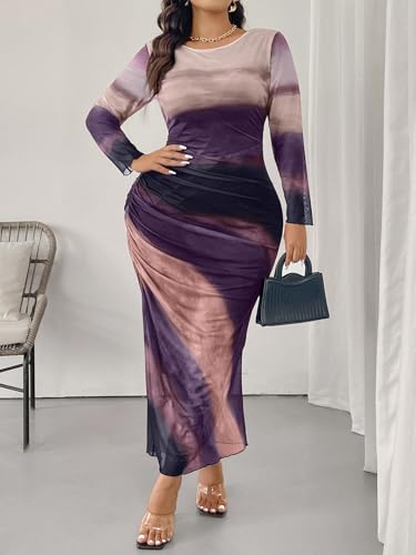 Milumia Women's Plus Size Tie Dye Ruched Bodycon Maxi Dress Long Sleeve Mesh Dresses3