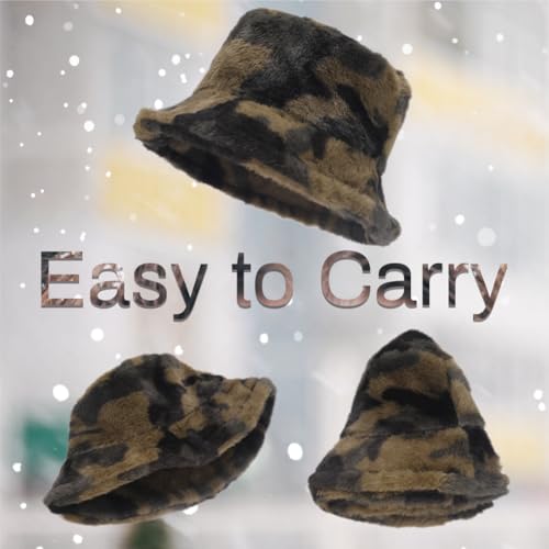 Image of Bucket Hat Women Furry Fuzzy Bucket Hats for Ladies, Winter Warm Fluffy Plush Faux Fur Hat for Women