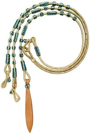 Showman Braided Natural Rawhide Romal Reins w/Blue Rawhide Beads & Leather Popper