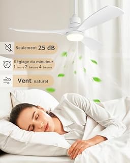Forrovenco Ventilateur de plafond blanc silencieux avec lumière et télécommande, 132 cm, 3 températures de couleur, minuterie, moteur DC réversible, 3 pales, 3 tiges, terrasse et extérieur