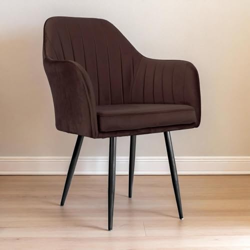 Image of Plush Dining Chair | Accent Chair for Living Room Bedroom Restuarant | Velvet Fabric & Thick Cushion Seat with Sturdy Glossy Metal Legs (Black Legs, Dark Brown)
