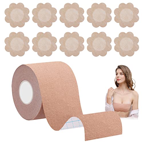 Fengyang Bande de Lifting des Seins, Breast Lift Tape, Soutien-Gorge Adhesif 1 Rouleaux de Ruban Adhésif pour Le Corps et 10 Cache-tétons pour Les Femmes Peau Cover