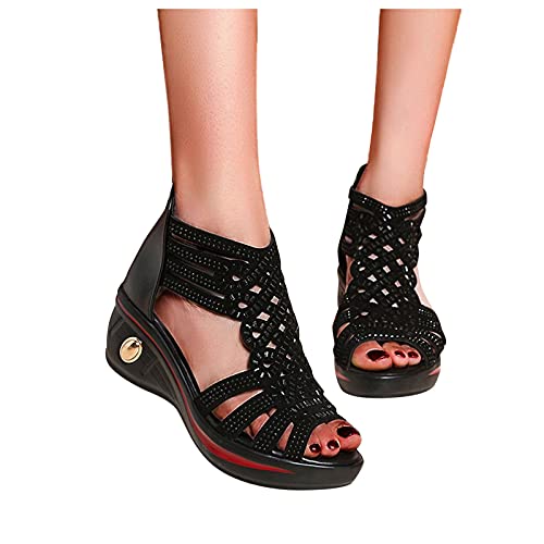 Women's Wedge Sandal Summer Fashion Rhinestone Open Toe Zip Up Platform Sandal Outdoor Leisure Shoes Ankle Strap Sandals