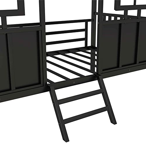 Aty Twin Size Metal Loft Bed With Fence-Shaped Guardrail, Sturdy Low House Bedframe W/Roof And Windows, Funny For Kids, No Box Spring Needed, Black #TOP5