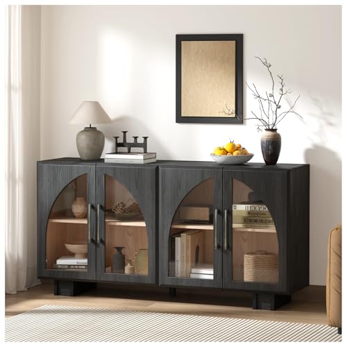 63" Modern Accent Cabinet with Arched Glass Doors, Sideboard Buffet Cabinet with Adjustable Shelves, for Dining Room, Living Room & Entryway Storage (Black)