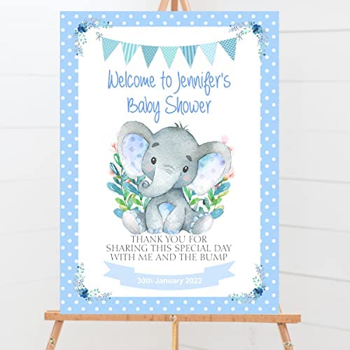 Personalised Baby Shower Welcome Sign Watercolour Elephant Blue (A4 210mm x 297mm)